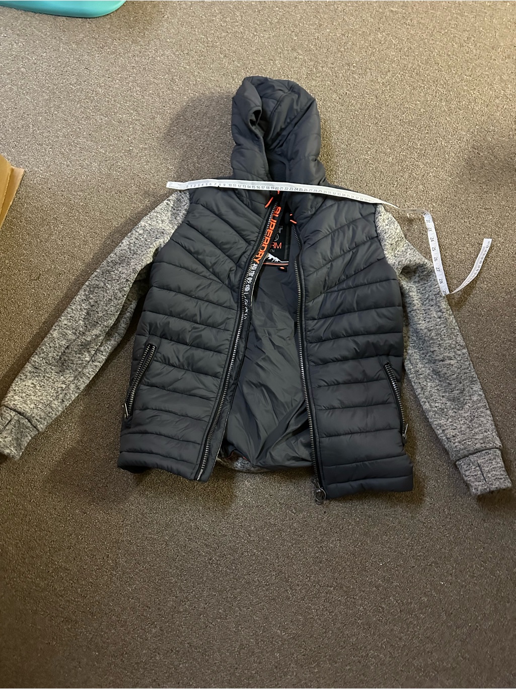 Super Dry Large Kids Quilted Hooded Jacket With Knit Sleeves - Black & Gray
